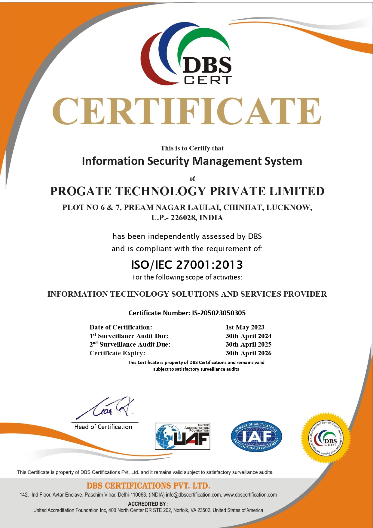 Certificate:- ISO/IEC 27001:2013